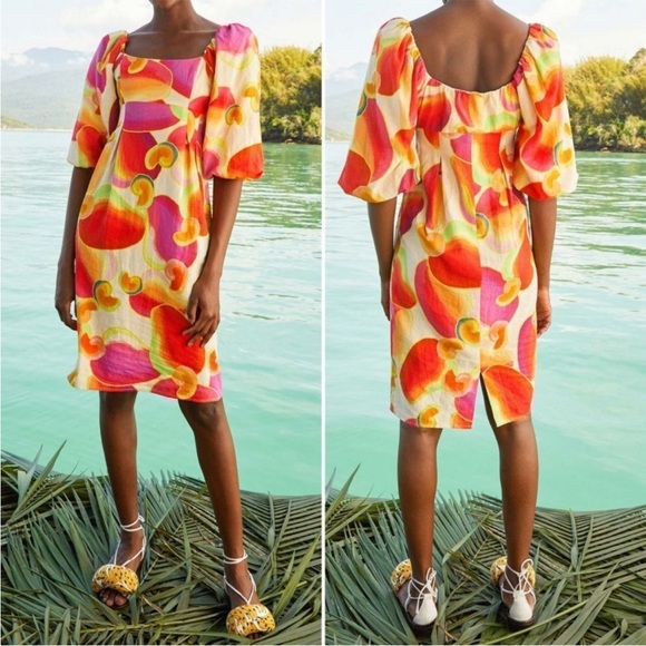 FARM Rio Dresses & Skirts - FARM Rio Cashew Juice Vibrant Linen Long Sleeve Dress Size S